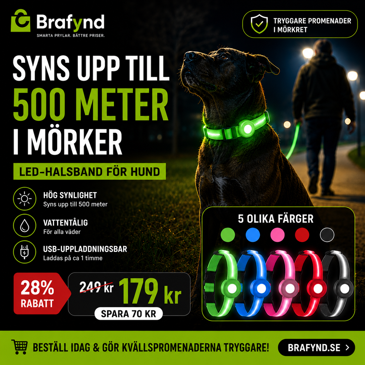 Uppladdningsbart LED-halsband för hundar